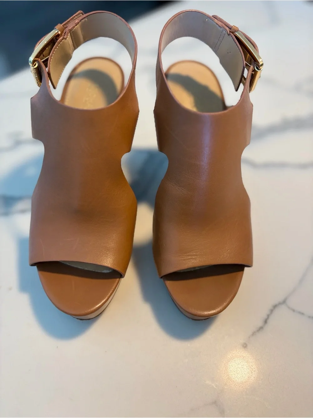 Michael Kors Tan Leather Platform Wedge Sandals with Gold Buckle